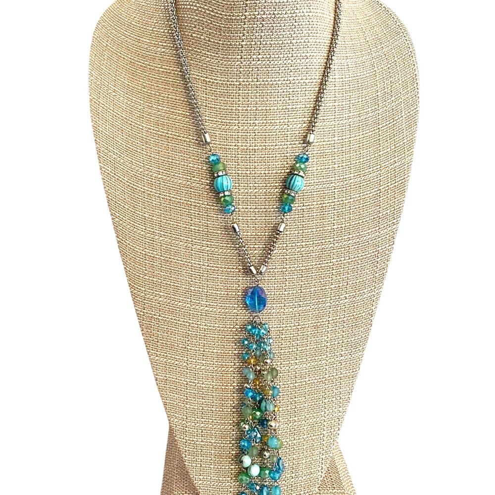 Boho Beaded Necklace Silvertone Chain & Blue Glass Beads w/ Tassel Beachy Chic